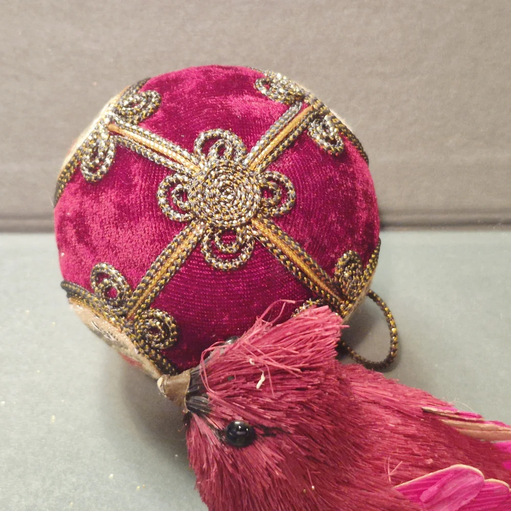 Vintage Burhundy Velvet Cross Stich Ball Red Bird Ornaments Hol8day Christmas - Picture 9 of 9
